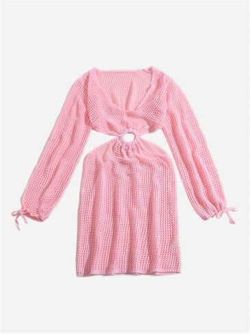 MakeMeChic Women's Swimsuit Crochet Coverups Long Sleeve V Neck Cut Out Summer Beach Cover Up Dress in Saudi Arabia