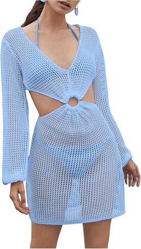 MakeMeChic Women's Swimsuit Crochet Coverups Long Sleeve V Neck Cut Out Summer Beach Cover Up Dress in Saudi Arabia
