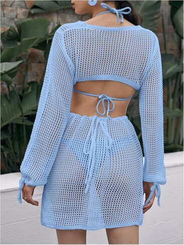 MakeMeChic Women's Swimsuit Crochet Coverups Long Sleeve V Neck Cut Out Summer Beach Cover Up Dress in Saudi Arabia