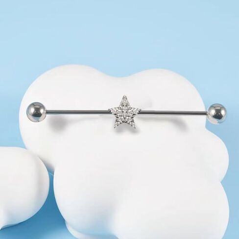 14G CZ Star Industrial Barbell G23 Titanium Industrial Piercing Jewelry 38mm Long Industrial Bar Conch Helix Cartilage Barbell Earrings Dainty Body Piercing Jewelry for Women Men in Saudi Arabia