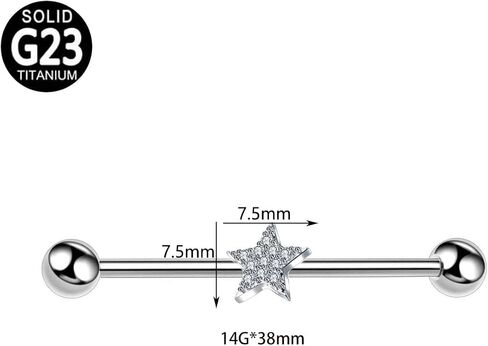 14G CZ Star Industrial Barbell G23 Titanium Industrial Piercing Jewelry 38mm Long Industrial Bar Conch Helix Cartilage Barbell Earrings Dainty Body Piercing Jewelry for Women Men in Saudi Arabia
