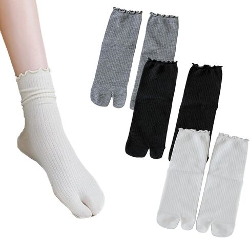 3 Pairs Women Split Two Toe Socks Japanese Tabi Flip Flops Sandal Socks Ruffle Frilly Sports Casual Socks in Kuwait