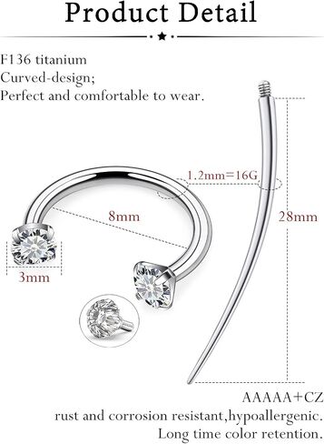 Oufksiyy F136 Titanium الجراحية الجراحية ، خاتم أنف الحدوة الحدوث 18G 16G حلقات الحاجز 8 ملم 10 ملم جيم روك روك هوب أقراط الحلق in Kuwait