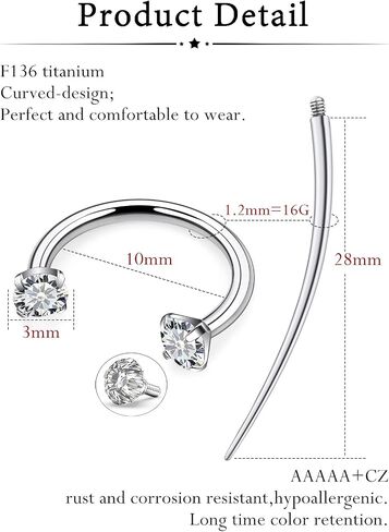 Oufksiyy F136 Titanium الجراحية الجراحية ، خاتم أنف الحدوة الحدوث 18G 16G حلقات الحاجز 8 ملم 10 ملم جيم روك روك هوب أقراط الحلق in Kuwait