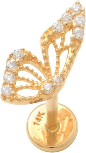14k Real Solid Gold Butterfly Wing Cubic Zirconia Stud Piercing Earring – 18 Gauge Minimalist Earring for Multiple Piercings - External & Internal Threaded - Sold as a Single in Kuwait