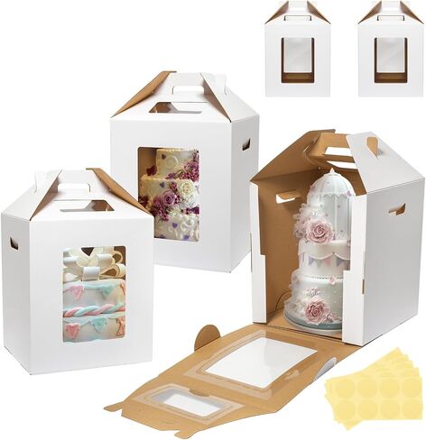3 Pack Tall Cake Boxes for Tier Cakes 16x16x18 Inch Disposable Layer Tall Cake Carrier with Window Large Tierd Cake Take Out Transport Containers with Handle for Wedding, Birthday, Party in Kuwait