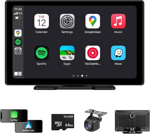 شاشة Apple Carplay المحمولة للسيارة، 9 بوصة Apple Carplay & Android Auto، كاميرا داش 4K، كاميرا احتياطية عالية الدقة، بلوتوث، ملاحة GPS، FM، AUX، Siri، وصلة مرآة in Kuwait