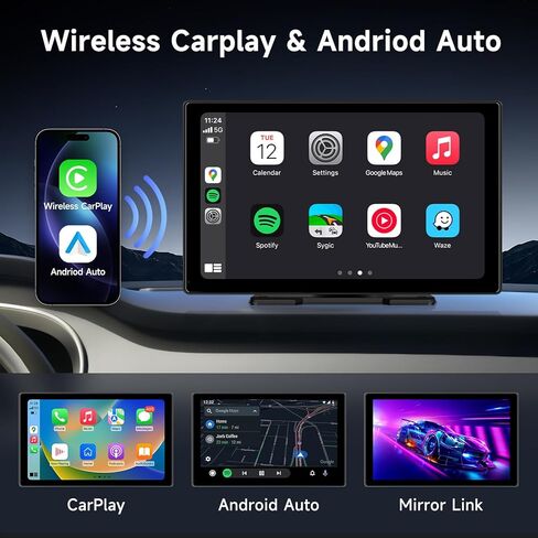 شاشة Apple Carplay المحمولة للسيارة، 9 بوصة Apple Carplay & Android Auto، كاميرا داش 4K، كاميرا احتياطية عالية الدقة، بلوتوث، ملاحة GPS، FM، AUX، Siri، وصلة مرآة in Kuwait