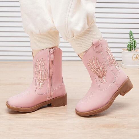 BMCiTYBM Toddler Cowgirl Cowboy Boots Boys Girls Square Toe Western Boots Mid Calf Side Zipper Riding Shoes for All Seasons in Kuwait