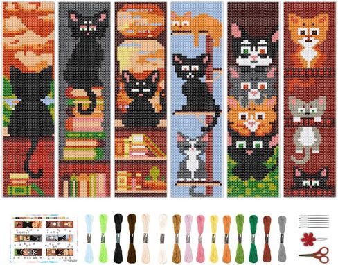 BEUNITONE 6 Pcs Cat Cross Stitch Bookmark Kit for Adult Beginners DIY Cute Stamped Embroidery Bookmark with Instructions Mini Cross Stitch Kits for Friends Birthday Gifts 2.4x7.9 in in Saudi Arabia