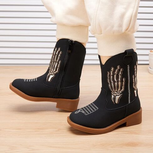 BMCiTYBM Toddler Cowgirl Cowboy Boots Boys Girls Square Toe Western Boots Mid Calf Side Zipper Riding Shoes for All Seasons in Kuwait