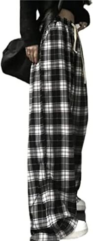 Womens Casual Plaid Baggy Pants High Waisted Goth Grunge Pant Y2K Clothes Drawstring Pants Streetwear in Kuwait