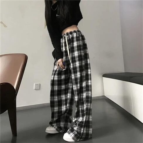 Womens Casual Plaid Baggy Pants High Waisted Goth Grunge Pant Y2K Clothes Drawstring Pants Streetwear in Kuwait