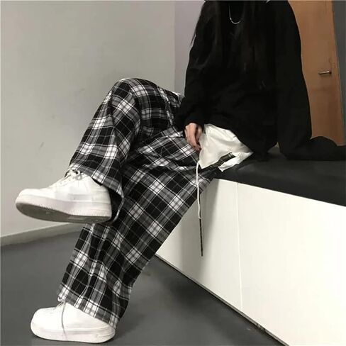 Womens Casual Plaid Baggy Pants High Waisted Goth Grunge Pant Y2K Clothes Drawstring Pants Streetwear in Kuwait
