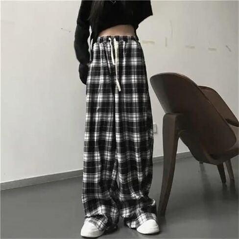 Womens Casual Plaid Baggy Pants High Waisted Goth Grunge Pant Y2K Clothes Drawstring Pants Streetwear in Kuwait