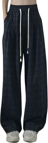 Womens Casual Plaid Baggy Pants High Waisted Goth Grunge Pant Y2K Clothes Drawstring Pants Streetwear in Kuwait