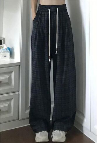 Womens Casual Plaid Baggy Pants High Waisted Goth Grunge Pant Y2K Clothes Drawstring Pants Streetwear in Kuwait