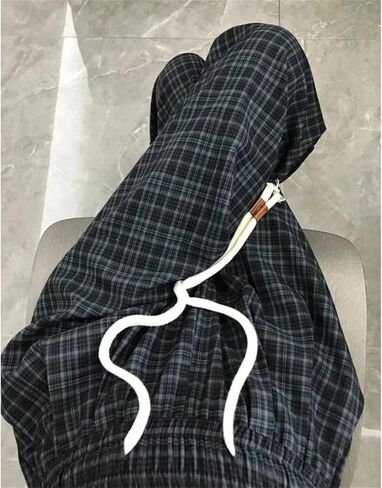 Womens Casual Plaid Baggy Pants High Waisted Goth Grunge Pant Y2K Clothes Drawstring Pants Streetwear in Kuwait