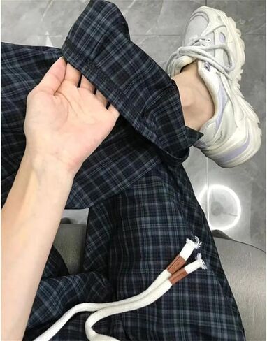 Womens Casual Plaid Baggy Pants High Waisted Goth Grunge Pant Y2K Clothes Drawstring Pants Streetwear in Kuwait