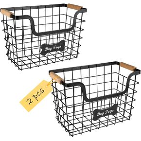 2packs سلة لعبة الكلب المعدنية، سلة لعبة الكلب سلك الحديد، صندوق تخزين لعبة الكلب، منظم تخزين الكلب مع مقبض خشبي، سلة كلب سوداء قوية لمقود الكلب، طوق، لعبة الكلب، والوجبات الخفيفة in Kuwait