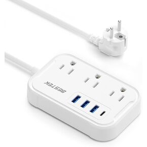 Bestek UK محول قابس السفر: محول قابس السفر الأوروبي - محول قابس من الولايات المتحدة إلى المملكة المتحدة مع شاحن USB C بقدرة 20 وات - 3 منافذ تيار متردد و4 منافذ USB (2 USB C) شحن سريع للسفر والرحلات البحرية إلى المنزل، 2.6 قدم in Kuwait