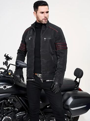 Men's Retro Casual Personalized Embroidery Long Sleeve Faux Leather Street Motorcycle Jacket in Saudi Arabia