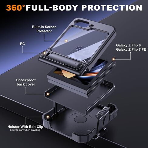 KJSK for Samsung Galaxy Z Flip 7 FE/Z Flip 6 Case,with Stand & Belt-Clip,[Hinge Protection] [Built-in Screen Protector],Rugged Protective Phone Cover(Black) in Saudi Arabia