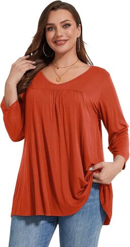 LARACE Women's 3/4 Sleeve Shirts Plus Size Tunic Tops Loose V-Neck Pleated T-Shirts for Leggings in Saudi Arabia