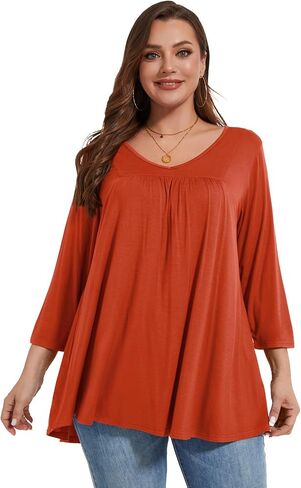 LARACE Women's 3/4 Sleeve Shirts Plus Size Tunic Tops Loose V-Neck Pleated T-Shirts for Leggings in Saudi Arabia