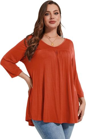 LARACE Women's 3/4 Sleeve Shirts Plus Size Tunic Tops Loose V-Neck Pleated T-Shirts for Leggings in Saudi Arabia