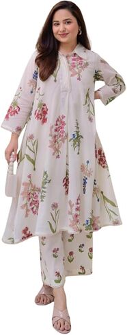 Beautiful Printed A-Line Kurti with Pant Set | Elegant Lace Work | Fully Stitched | Everyday Ethnic Elegance in Saudi Arabia