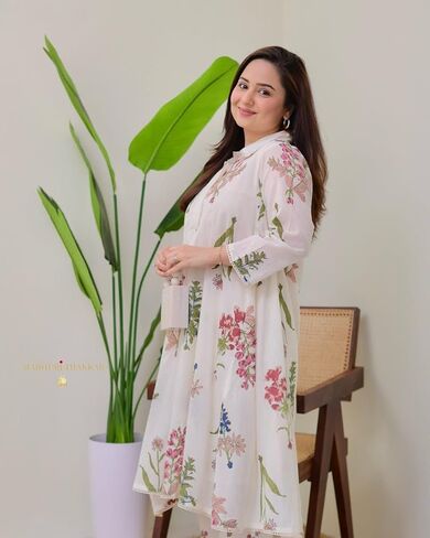 Beautiful Printed A-Line Kurti with Pant Set | Elegant Lace Work | Fully Stitched | Everyday Ethnic Elegance in Saudi Arabia