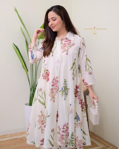Beautiful Printed A-Line Kurti with Pant Set | Elegant Lace Work | Fully Stitched | Everyday Ethnic Elegance in Saudi Arabia
