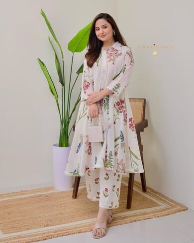 Beautiful Printed A-Line Kurti with Pant Set | Elegant Lace Work | Fully Stitched | Everyday Ethnic Elegance in Saudi Arabia