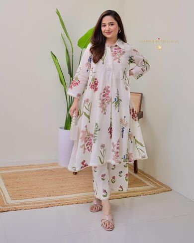 Beautiful Printed A-Line Kurti with Pant Set | Elegant Lace Work | Fully Stitched | Everyday Ethnic Elegance in Saudi Arabia