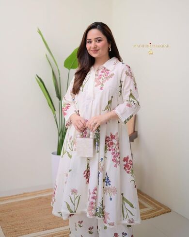 Beautiful Printed A-Line Kurti with Pant Set | Elegant Lace Work | Fully Stitched | Everyday Ethnic Elegance in Saudi Arabia