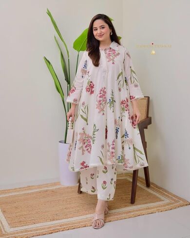 Beautiful Printed A-Line Kurti with Pant Set | Elegant Lace Work | Fully Stitched | Everyday Ethnic Elegance in Saudi Arabia