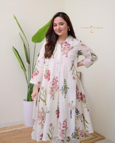 Beautiful Printed A-Line Kurti with Pant Set | Elegant Lace Work | Fully Stitched | Everyday Ethnic Elegance in Saudi Arabia
