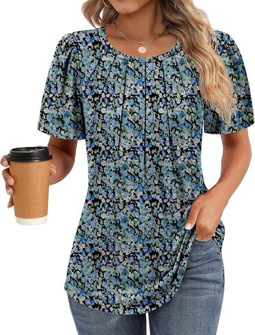 Ficerd Women's Pleated Tunic Top 2025 Crew Neck Spring Short Sleeve Loose Dressy Summer Blouses Fit Trendy T-shirts Tops in Saudi Arabia