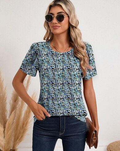 Ficerd Women's Pleated Tunic Top 2025 Crew Neck Spring Short Sleeve Loose Dressy Summer Blouses Fit Trendy T-shirts Tops in Saudi Arabia