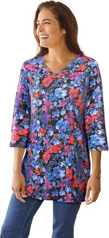 Woman Within Plus Size Perfect Printed Three-Quarter-Sleeve V-Neck Tunic in Saudi Arabia