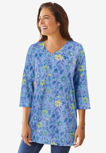 Woman Within Plus Size Perfect Printed Three-Quarter-Sleeve V-Neck Tunic in Saudi Arabia