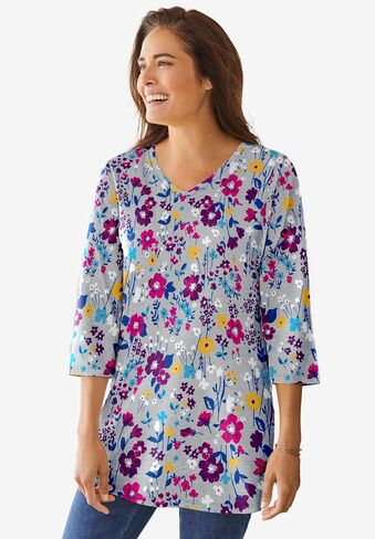 Woman Within Plus Size Perfect Printed Three-Quarter-Sleeve V-Neck Tunic in Saudi Arabia