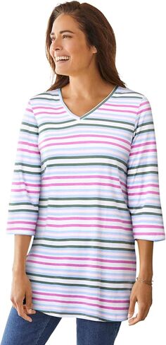 Woman Within Plus Size Perfect Printed Three-Quarter-Sleeve V-Neck Tunic in Saudi Arabia