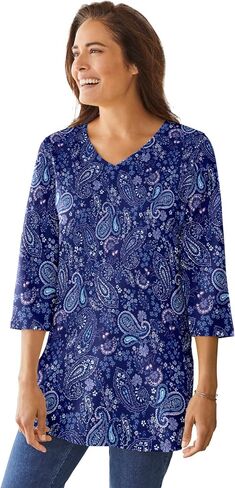 Woman Within Plus Size Perfect Printed Three-Quarter-Sleeve V-Neck Tunic in Saudi Arabia