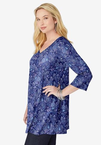 Woman Within Plus Size Perfect Printed Three-Quarter-Sleeve V-Neck Tunic in Saudi Arabia
