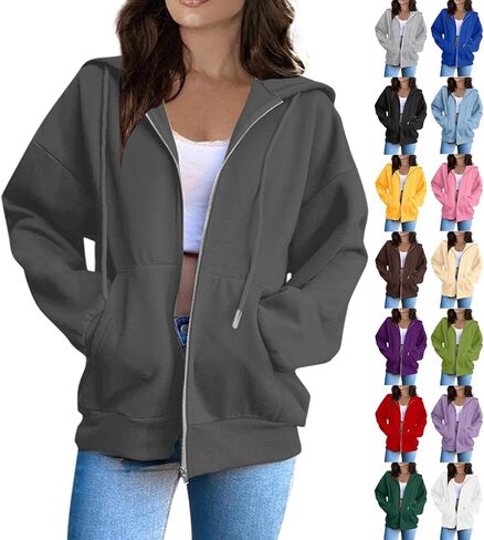 Womens Zip Up Hoodies Oversized Fleece Plain Y2K Hoodie Jackets Athletic Zipper Hooded Sweatshirt with Pockets in Saudi Arabia