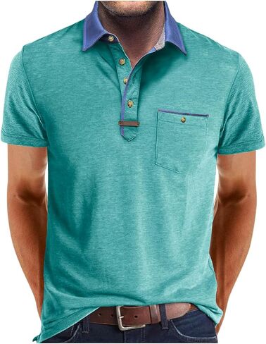Golf Polos for Men Casual Shirts Classic Button Basic Short Sleeve Shirt Solid Tees Golf Stylish Tops with Pocket in Saudi Arabia