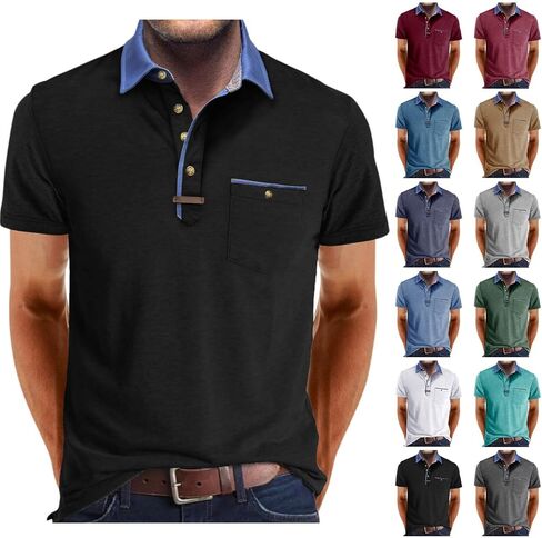 Golf Polos for Men Casual Shirts Classic Button Basic Short Sleeve Shirt Solid Tees Golf Stylish Tops with Pocket in Saudi Arabia