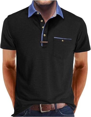 Golf Polos for Men Casual Shirts Classic Button Basic Short Sleeve Shirt Solid Tees Golf Stylish Tops with Pocket in Saudi Arabia